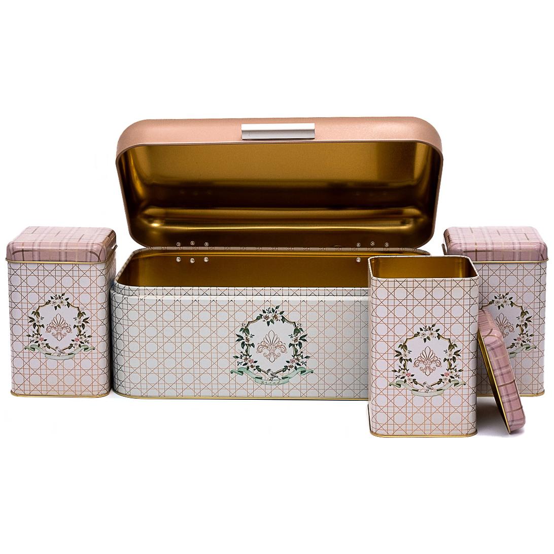 Rectangular Bread Box and Square Tin Box set ( 4 Pcs) Hinged Lid Rosy Rosy Design