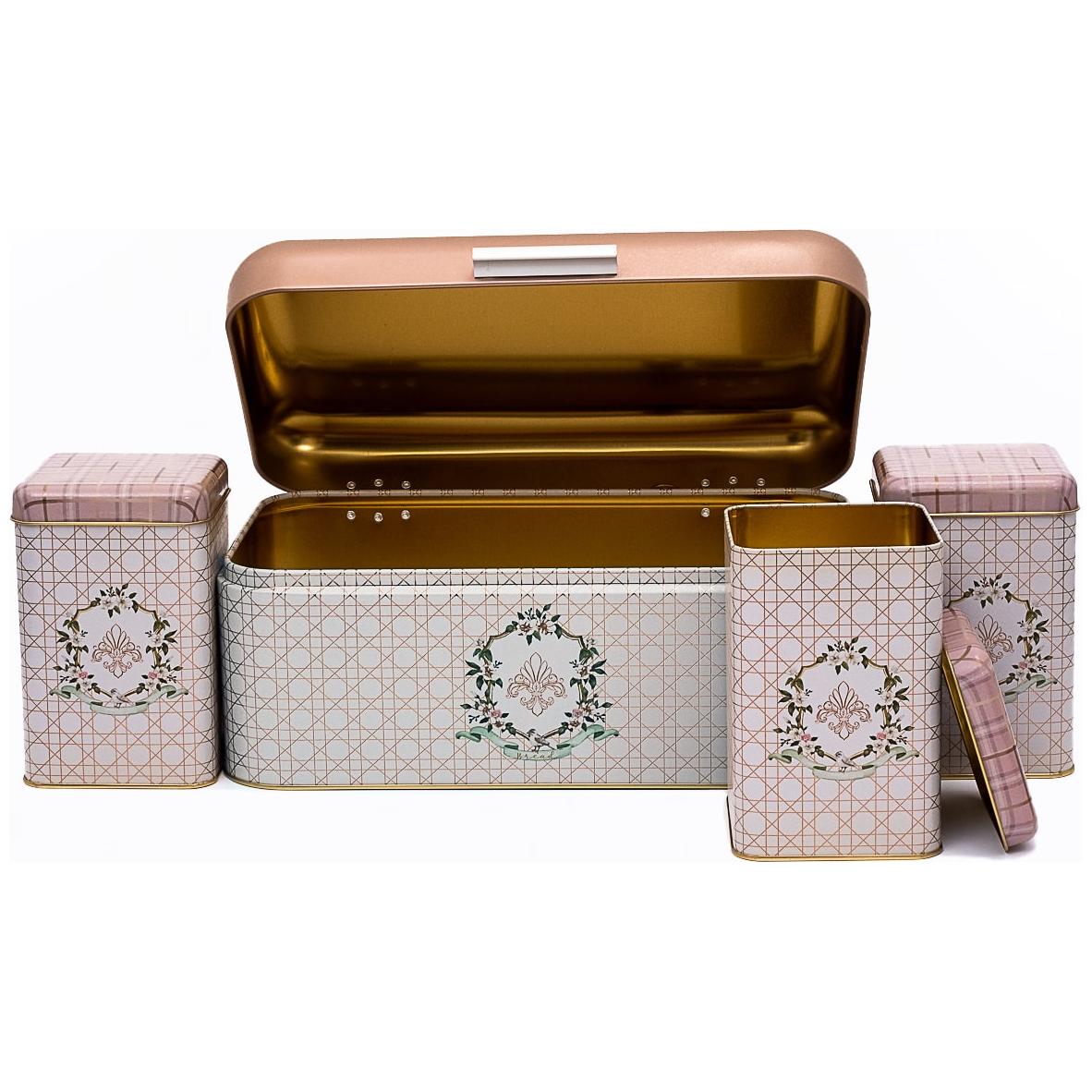 Rectangular Bread Box and Square Tin Box set ( 4 Pcs) Hinged Lid Rosy Rosy Design