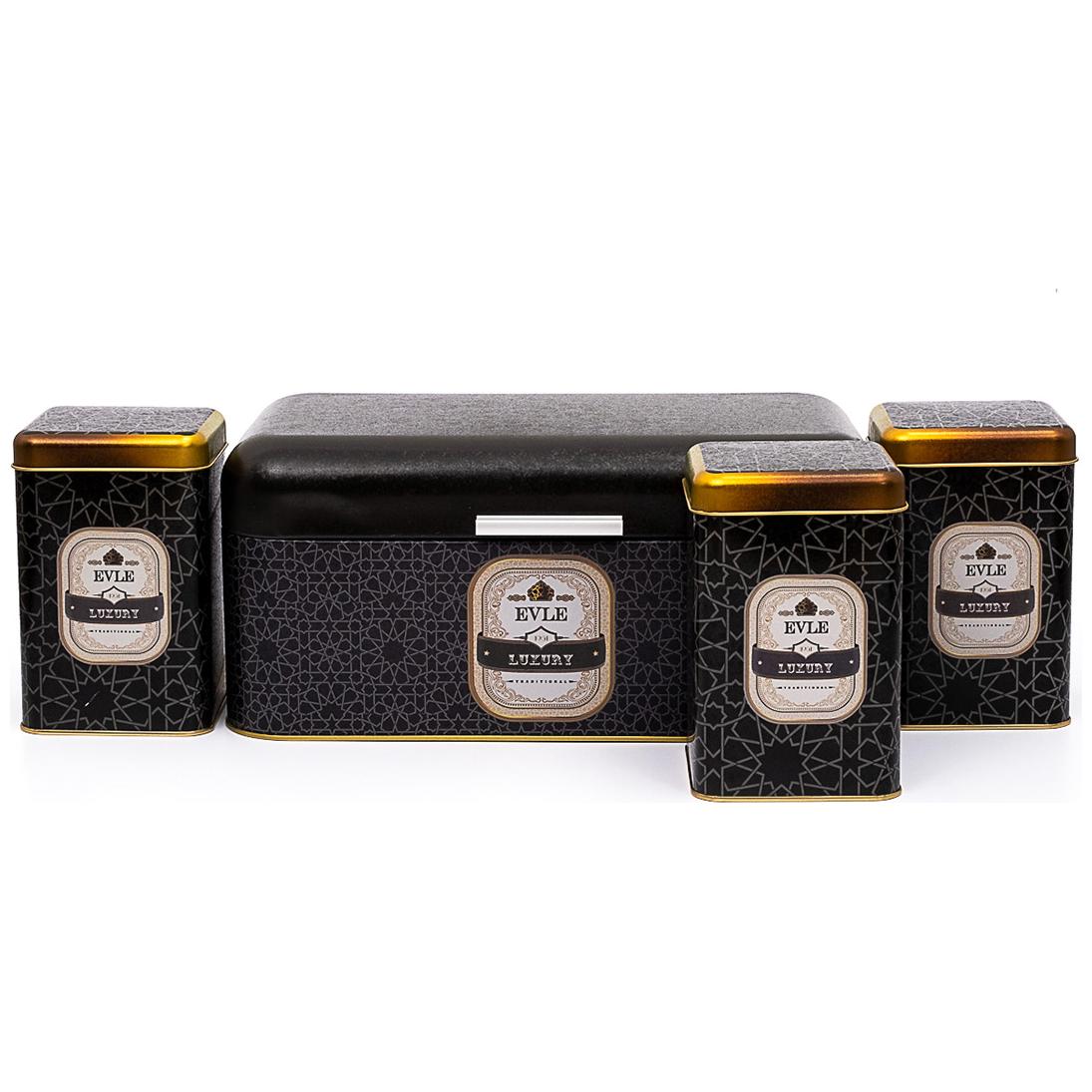  Rectangular Bread Box and Square Tin Box set ( 4 Pcs)   Hinged Lid  gold geometric pattern black background Trellis Design