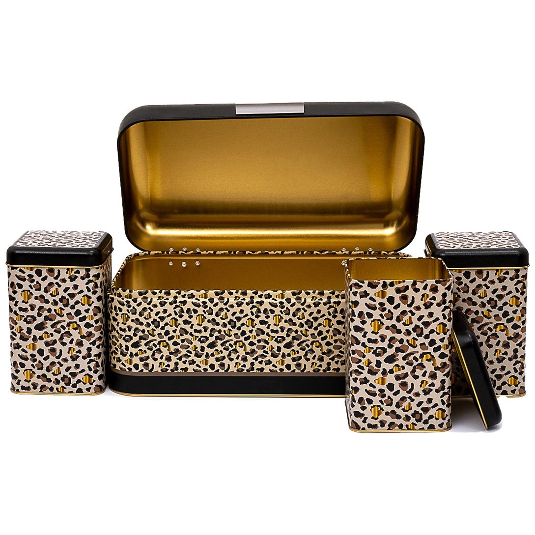 Rectangular Bread Box and Square Tin Box set ( 4 Pcs) Hinged Lid Gold Leopard Print Pattern Leo Design
