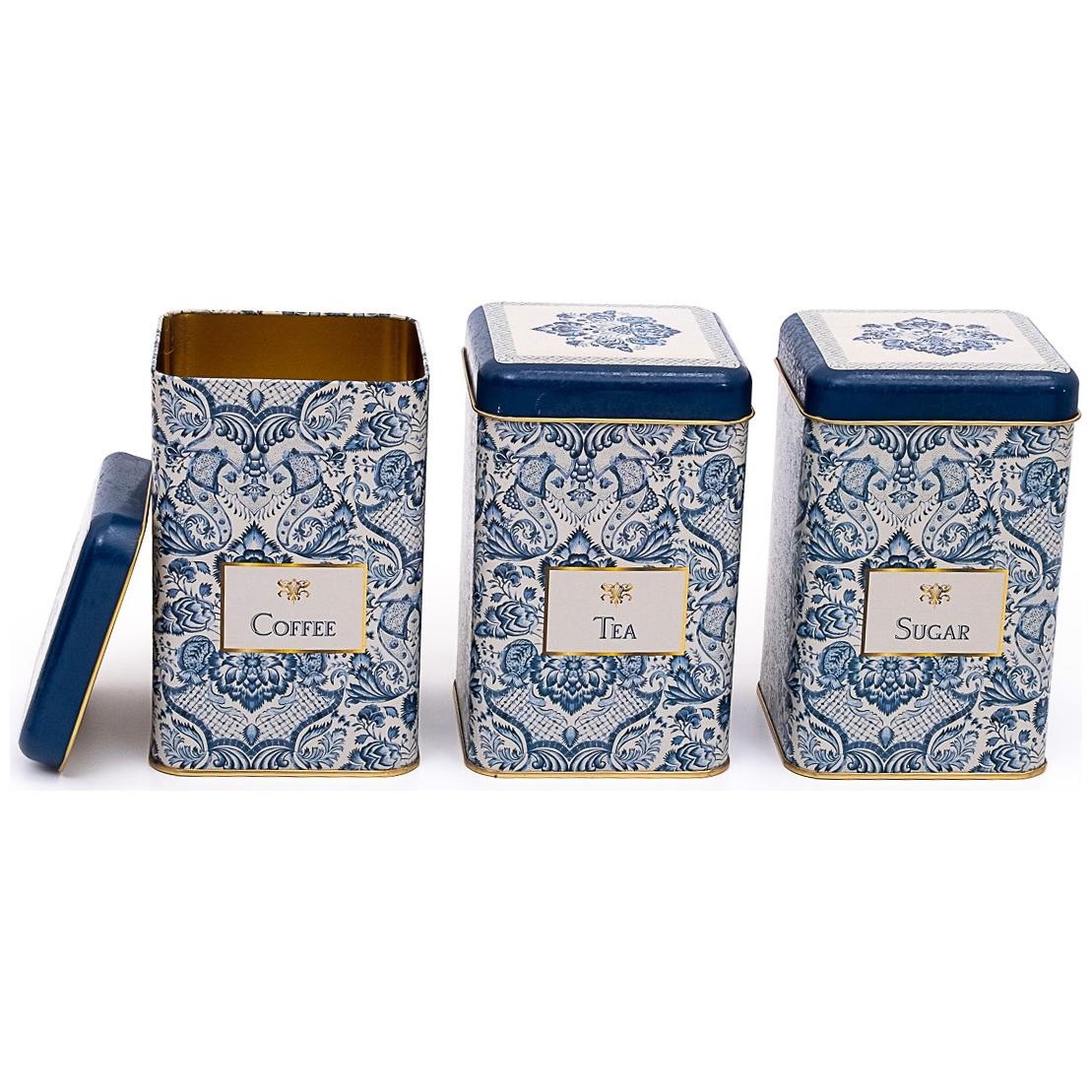 105x105x160 mm Square Tin Box Set ( Set of 3 ) Azulejo-Inspired Blue & White Decorative Pattern Azulejos Design