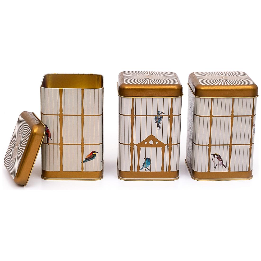 105x105x160 mm Square Tin Box Set ( Set of 3 ) Vintage Birdcage Illustration with Colorful Birds Bird Cage Design