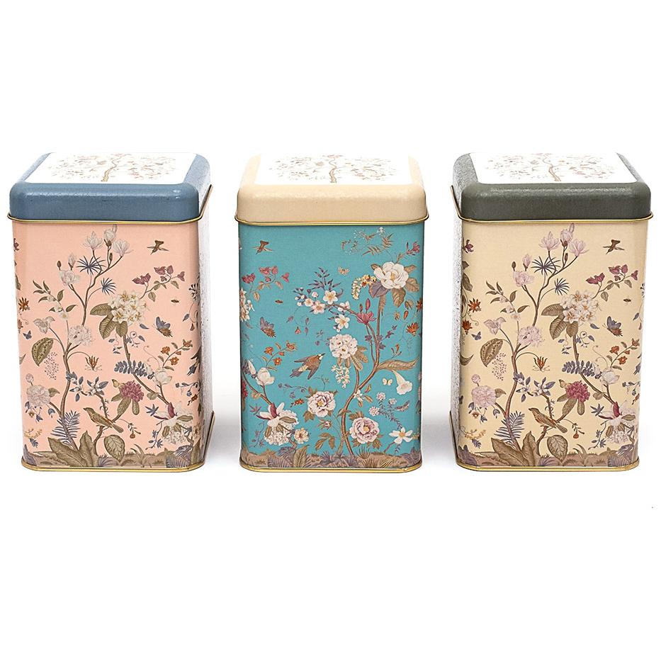 105x105x160 mm Square Tin Box Set ( Set of 3 )  Floral Design Pastel Blue Botanica Design