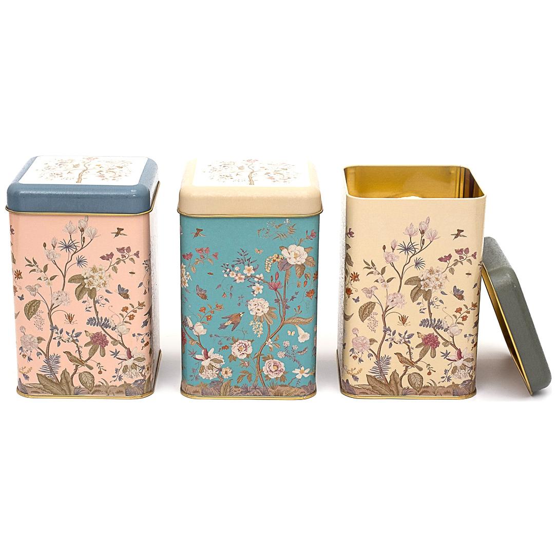 105x105x160 mm Square Tin Box Set ( Set of 3 ) Floral Design Pastel Blue Botanica Design