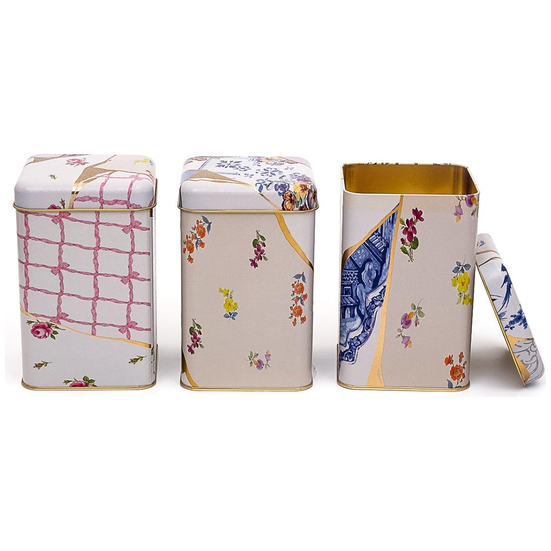 105x105x160 mm Square Tin Box Set ( Set of 3 )  Kintsugi Gold vein Flower  Kint Sugi Design