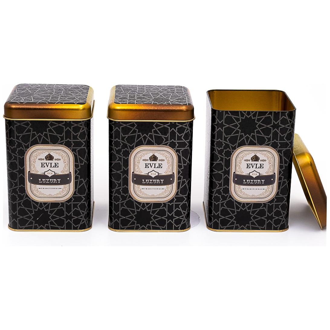 105x105x160 mm Square Tin Box Set ( Set of 3 ) gold geometric pattern black background Trellis Design