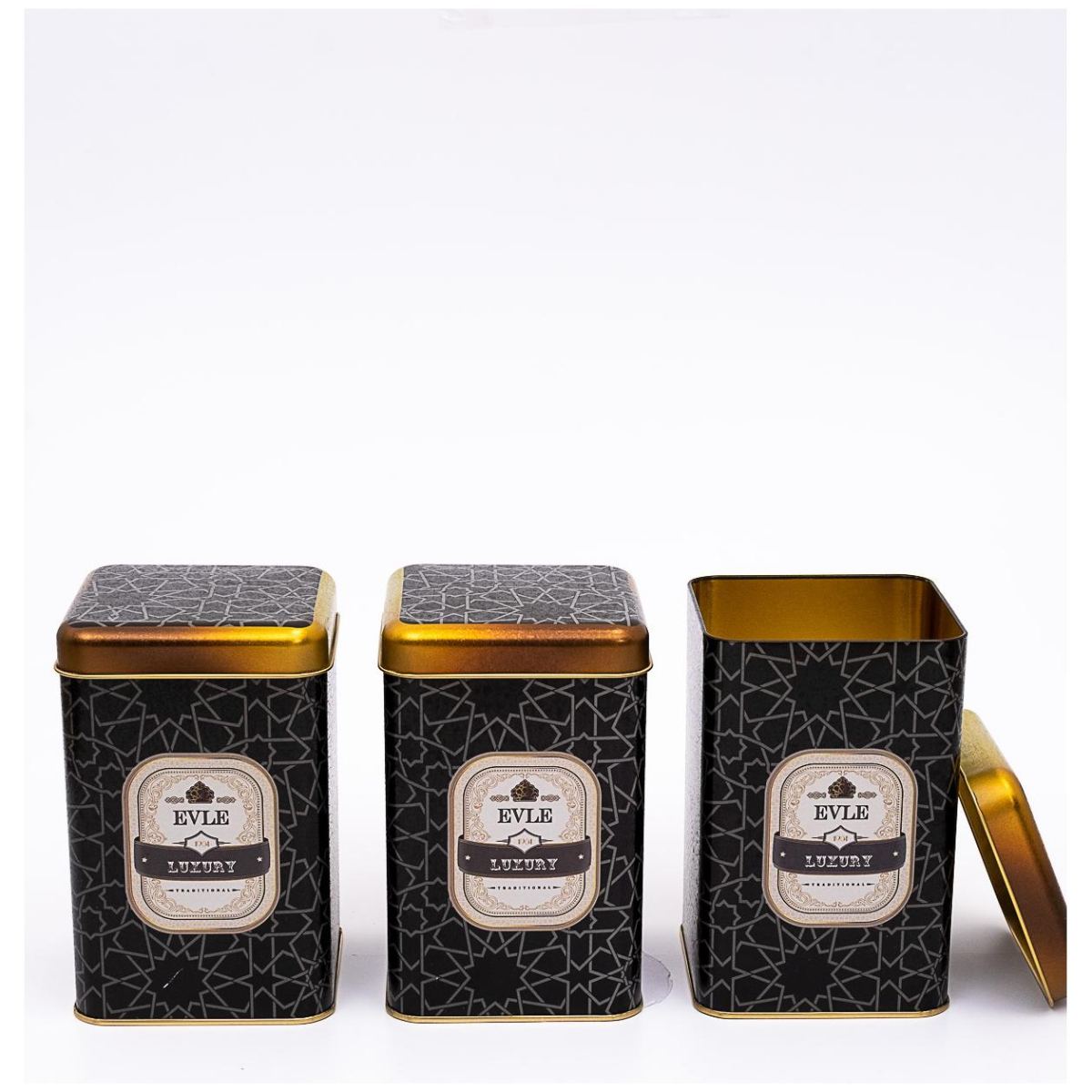 105x105x160 mm Square Tin Box Set ( Set of 3 ) gold geometric pattern black background Trellis Design