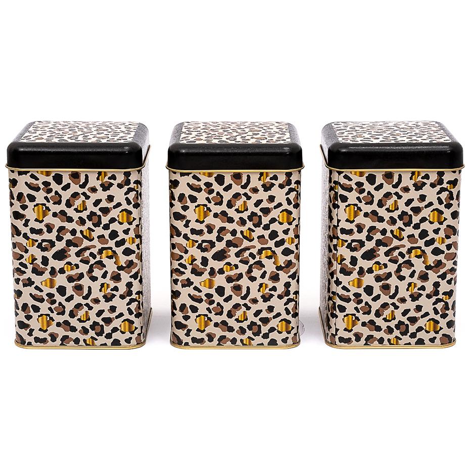 105x105x160 mm Square Tin Box Set ( Set of 3 )  Gold Leopard Print Pattern Leo Design