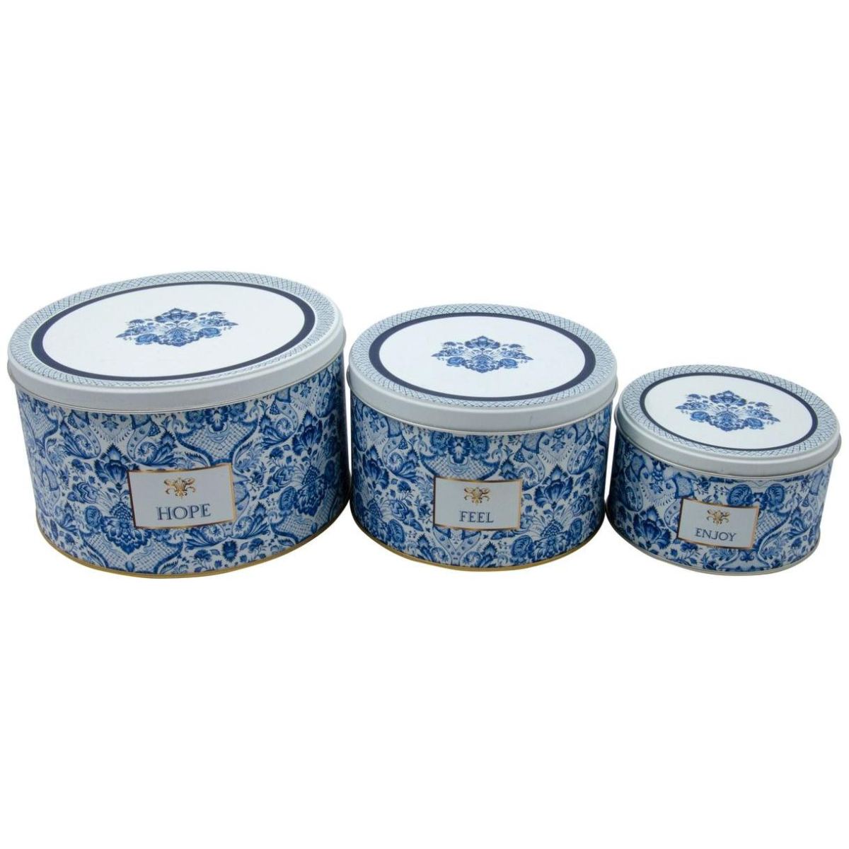 Round Metal Canister Set – Ø215, Ø175, Ø140 mm (Set of 3)  slip lid Azulejo-Inspired Blue &amp; White Decorative Pattern Azulejos Design