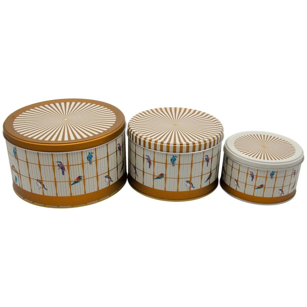 Round Metal Canister Set – Ø215, Ø175, Ø140 mm (Set of 3)  slip lid Vintage Birdcage Illustration with Colorful Birds Bird Cage Design