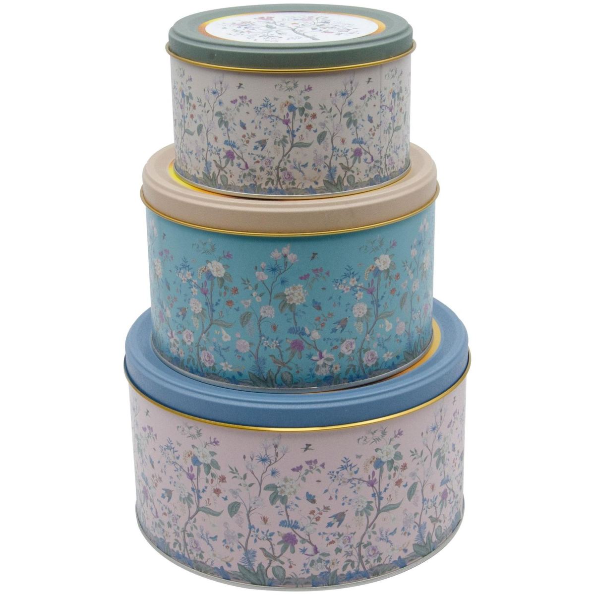 Round Metal Canister Set – Ø215, Ø175, Ø140 mm (Set of 3)  slip lid Floral Design Pastel Blue Botanica Design