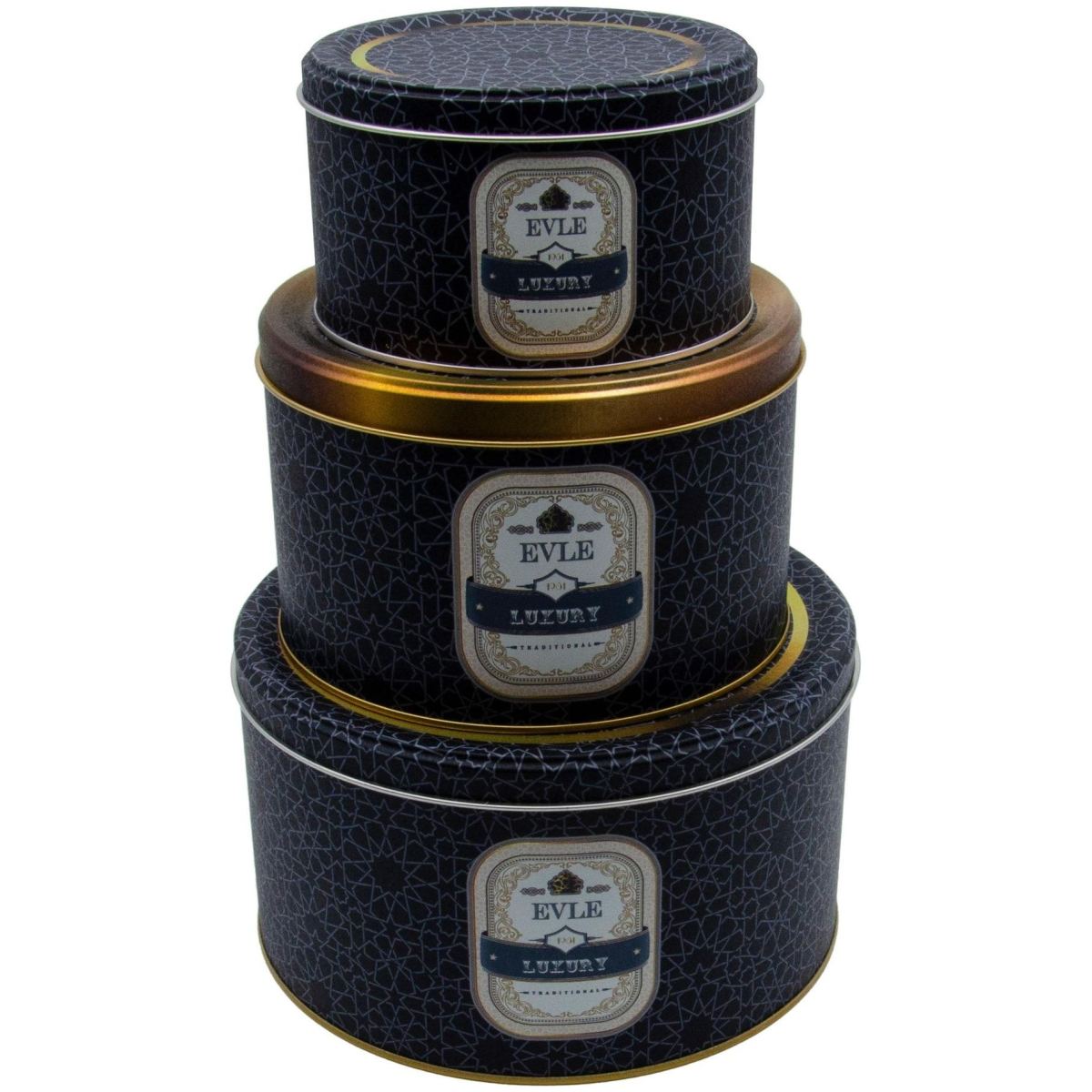 Round Metal Canister Set – Ø215, Ø175, Ø140 mm (Set of 3)  slip lid gold geometric pattern black background Trellis Design