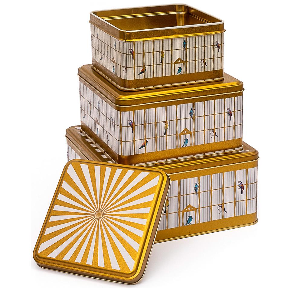Square Metal Storage Box Set 235mm x 235mm x 110 mm ( Set of 3 ) Vintage Birdcage Illustration with Colorful Birds Bird Cage Design