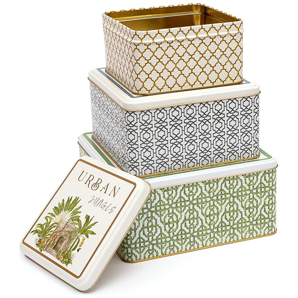 Square Metal Storage Box Set  235mm x 235mm x 110 mm  ( Set of 3 )  Tropical Jungle – A Lush Paradise of Nature &amp; Wildlife Forrest Design