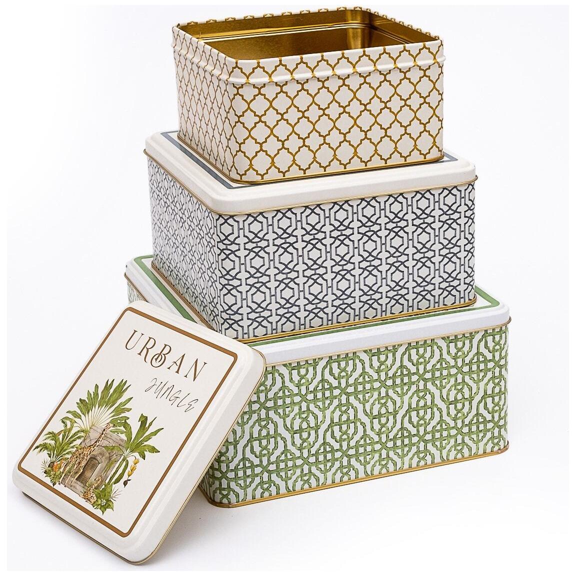 Square Metal Storage Box Set  235mm x 235mm x 110 mm  ( Set of 3 )  Tropical Jungle – A Lush Paradise of Nature &amp; Wildlife Forrest Design