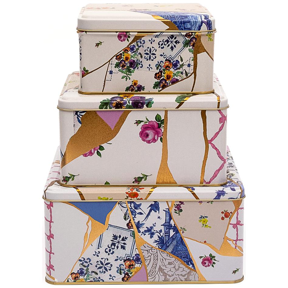 Square Metal Storage Box Set  235mm x 235mm x 110 mm  ( Set of 3 )  Kintsugi Gold vein Flower  Kint Sugi Design