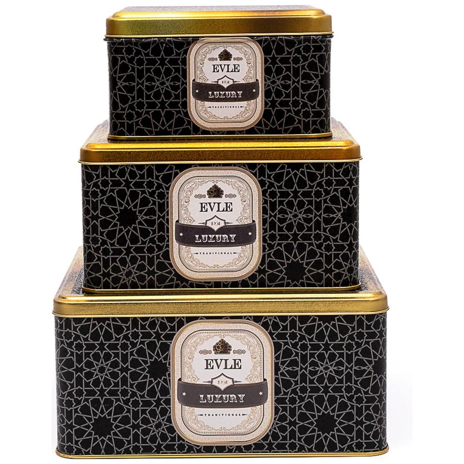 Square Metal Storage Box Set  235mm x 235mm x 110 mm  ( Set of 3 )  gold geometric pattern black background Trellis Design