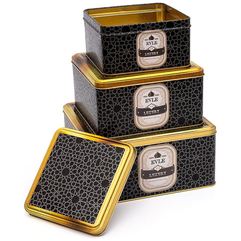Square Metal Storage Box Set 235mm x 235mm x 110 mm ( Set of 3 ) gold geometric pattern black background Trellis Design