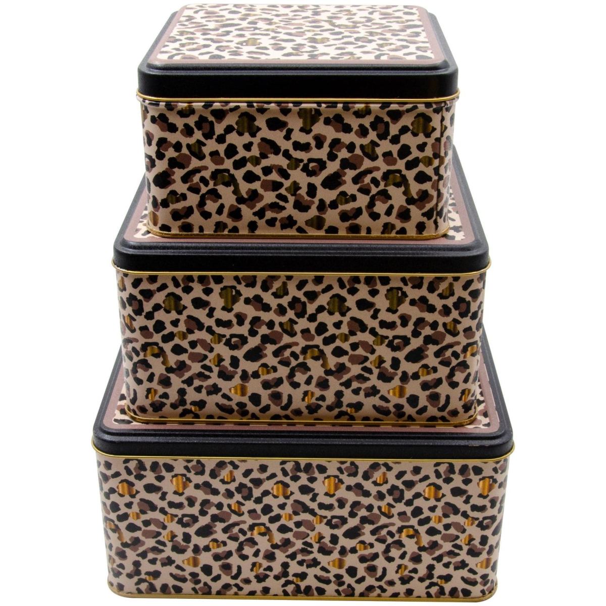 Square Metal Storage Box Set  235mm x 235mm x 110 mm  ( Set of 3 )  Gold Leopard Print Pattern Leo Design