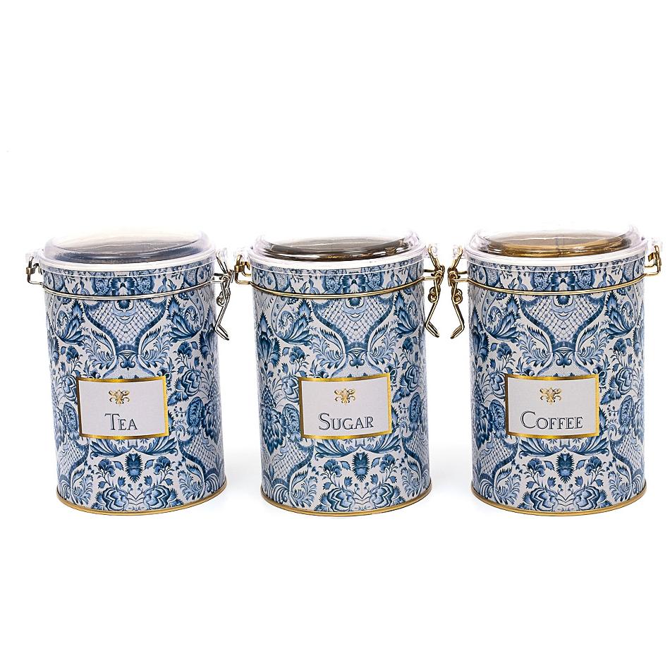  Round  Metal Box  Set ( Set of 3 )   Ø105x150 mm  1.1L Wire Clasp and Transparent Lid Azulejo-Inspired Blue &amp; White Decorative Pattern Azulejos Design