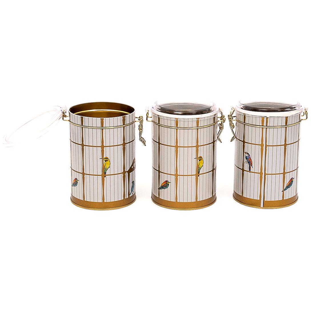  Round  Metal Box  Set ( Set of 3 )   Ø105x150 mm  1.1L Wire Clasp and Transparent Lid Vintage Birdcage Illustration with Colorful Birds Bird Cage Design