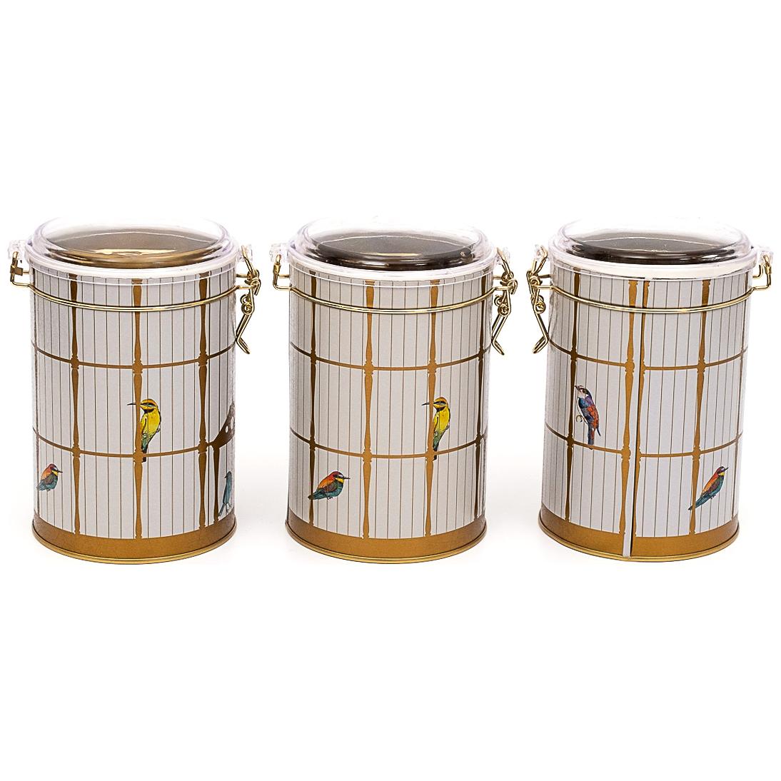 Round Metal Box Set ( Set of 3 ) Ø105x150 mm 1.1L Wire Clasp and Transparent Lid Vintage Birdcage Illustration with Colorful Birds Bird Cage Design