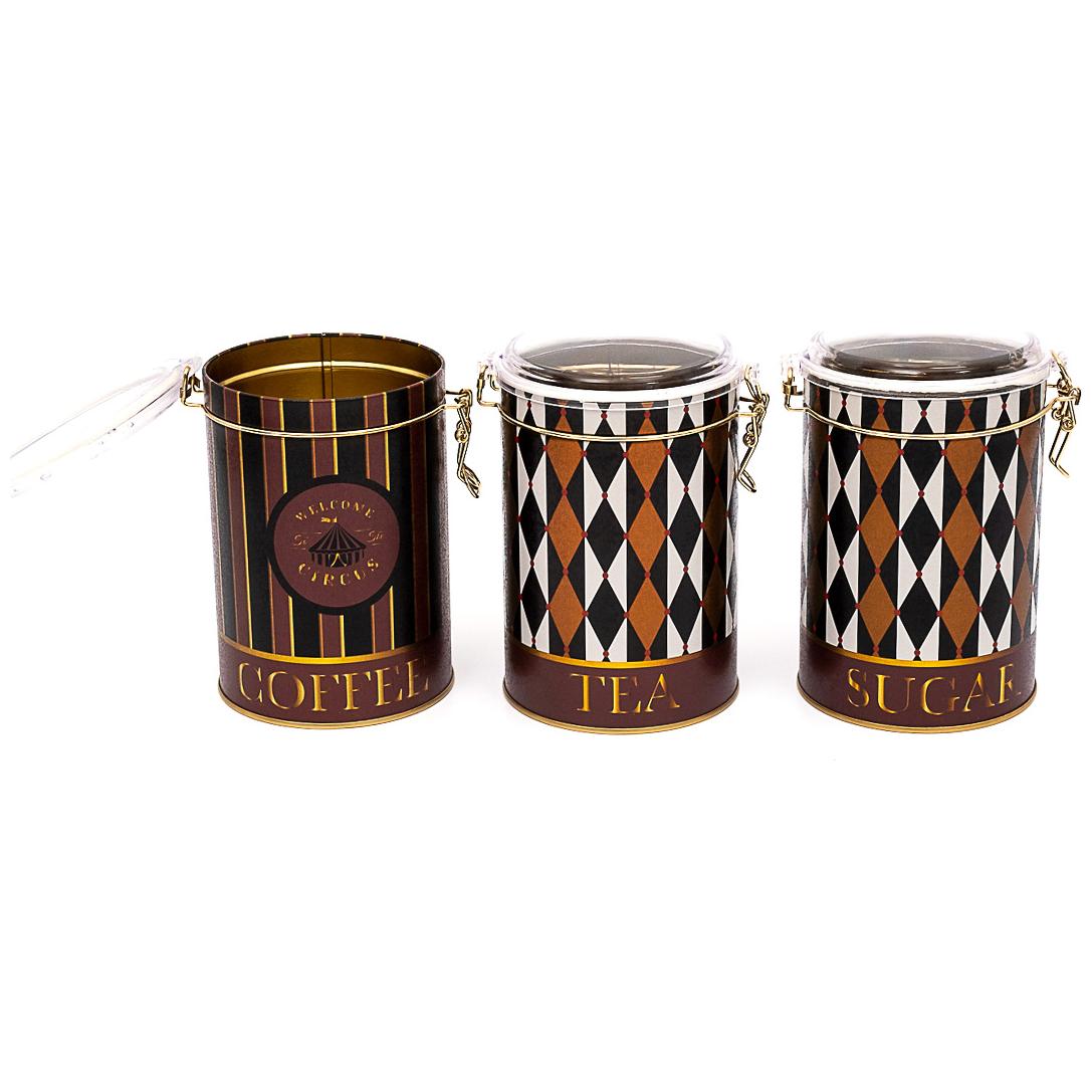  Round  Metal Box  Set ( Set of 3 )   Ø105x150 mm  1.1L Wire Clasp and Transparent Lid Vintage Circus Elegance Circus Design