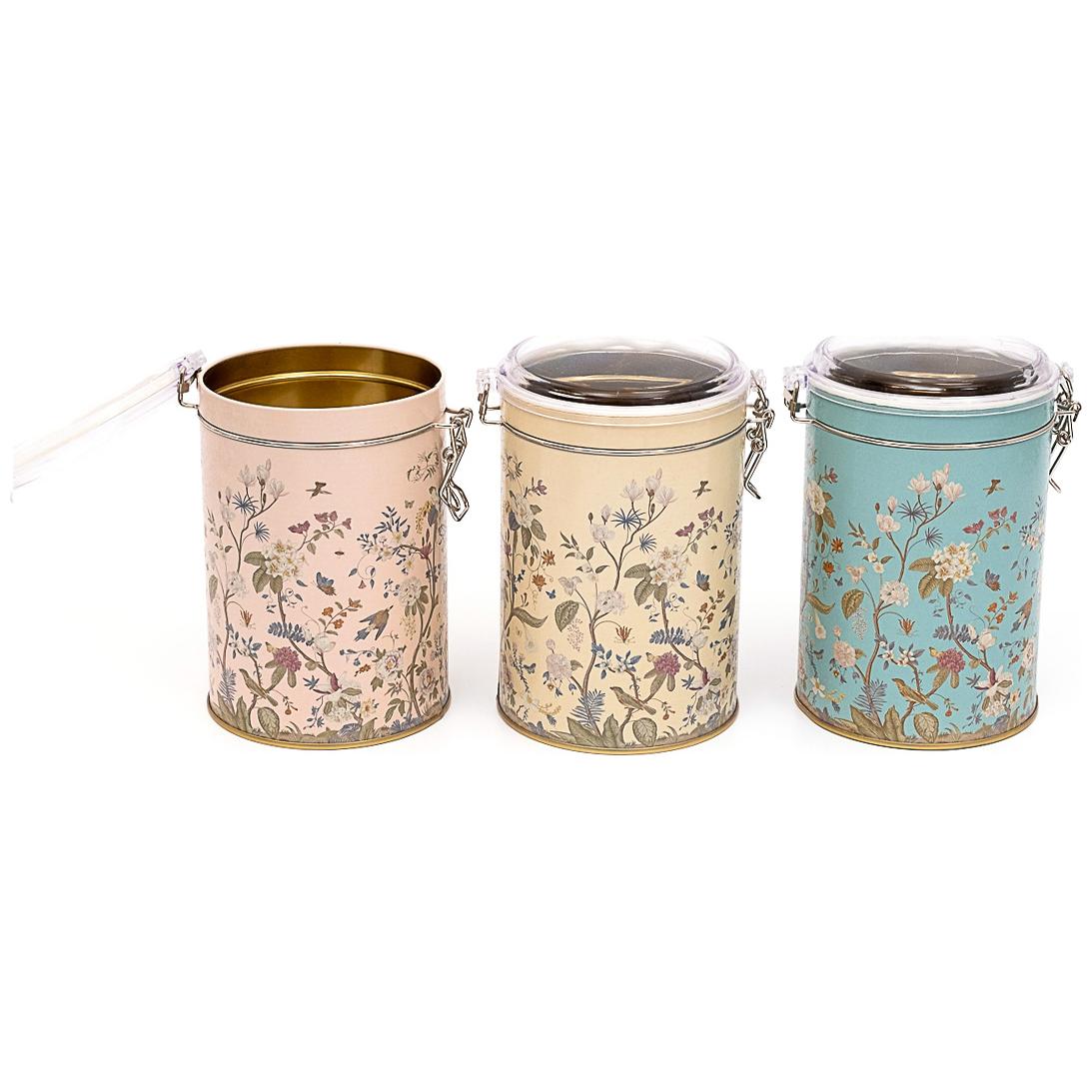  Round  Metal Box  Set ( Set of 3 )   Ø105x150 mm  1.1L Wire Clasp and Transparent Lid Floral Design Pastel Blue Botanica Design