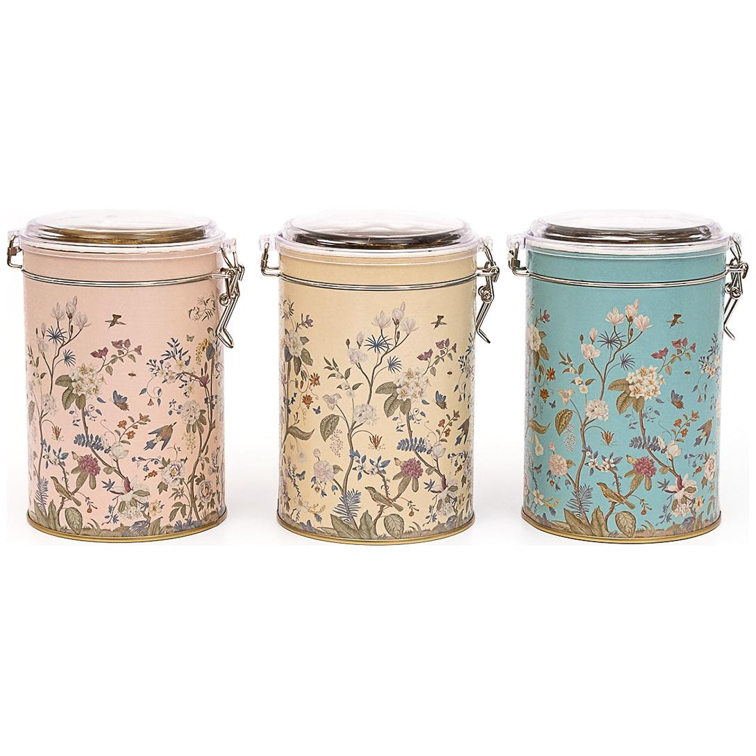 Round Metal Box Set ( Set of 3 ) Ø105x150 mm 1.1L Wire Clasp and Transparent Lid Floral Design Pastel Blue Botanica Design
