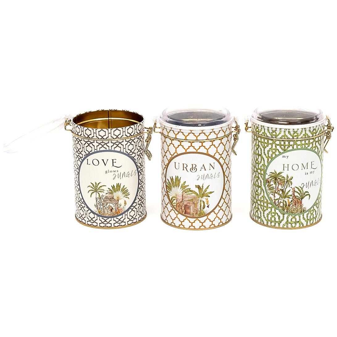  Round  Metal Box  Set ( Set of 3 )   Ø105x150 mm  1.1L Wire Clasp and Transparent Lid Tropical Jungle – A Lush Paradise of Nature &amp; Wildlife Forrest Design