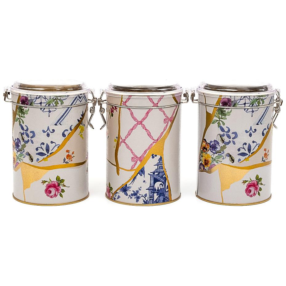 Round Metal Box Set ( Set of 3 ) Ø105x150 mm 1.1L Wire Clasp and Transparent Lid Kintsugi Gold vein Flower Kint Sugi Design