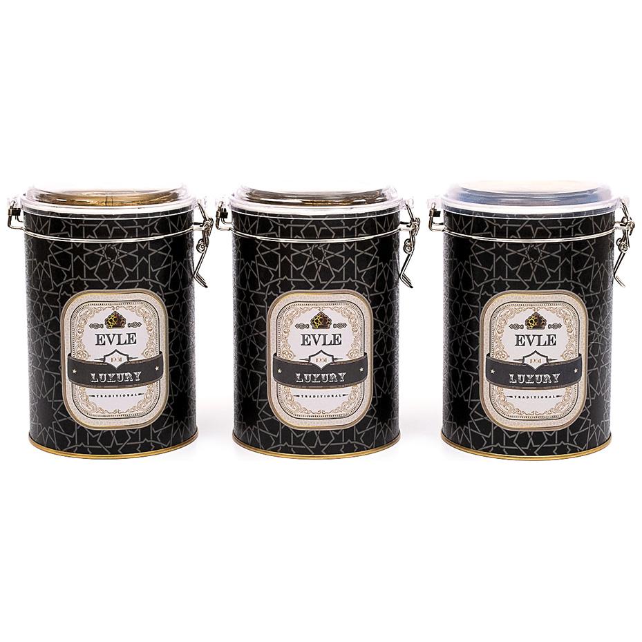  Round  Metal Box  Set ( Set of 3 )   Ø105x150 mm  1.1L Wire Clasp and Transparent Lid gold geometric pattern black background Trellis Design