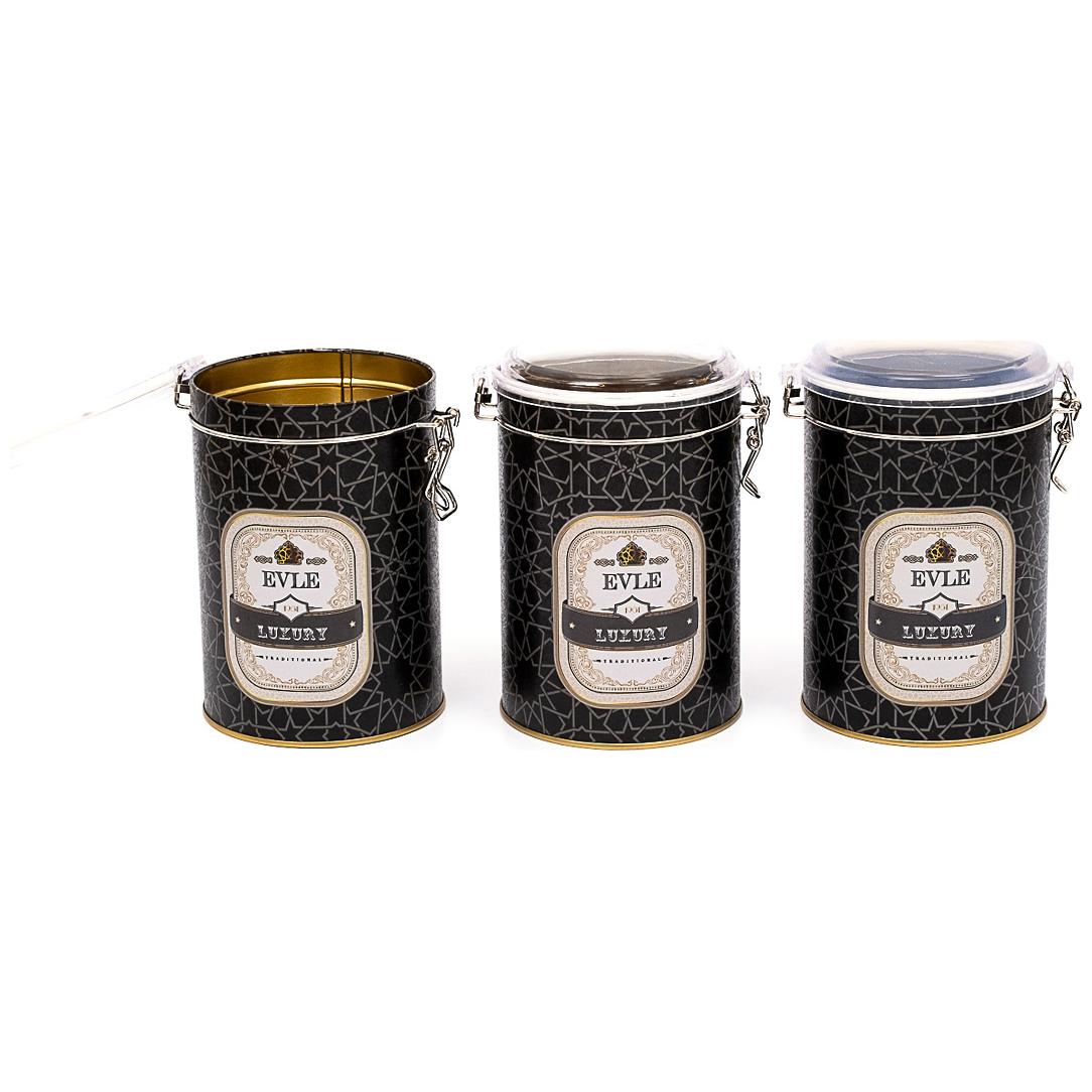 Round Metal Box Set ( Set of 3 ) Ø105x150 mm 1.1L Wire Clasp and Transparent Lid gold geometric pattern black background Trellis Design