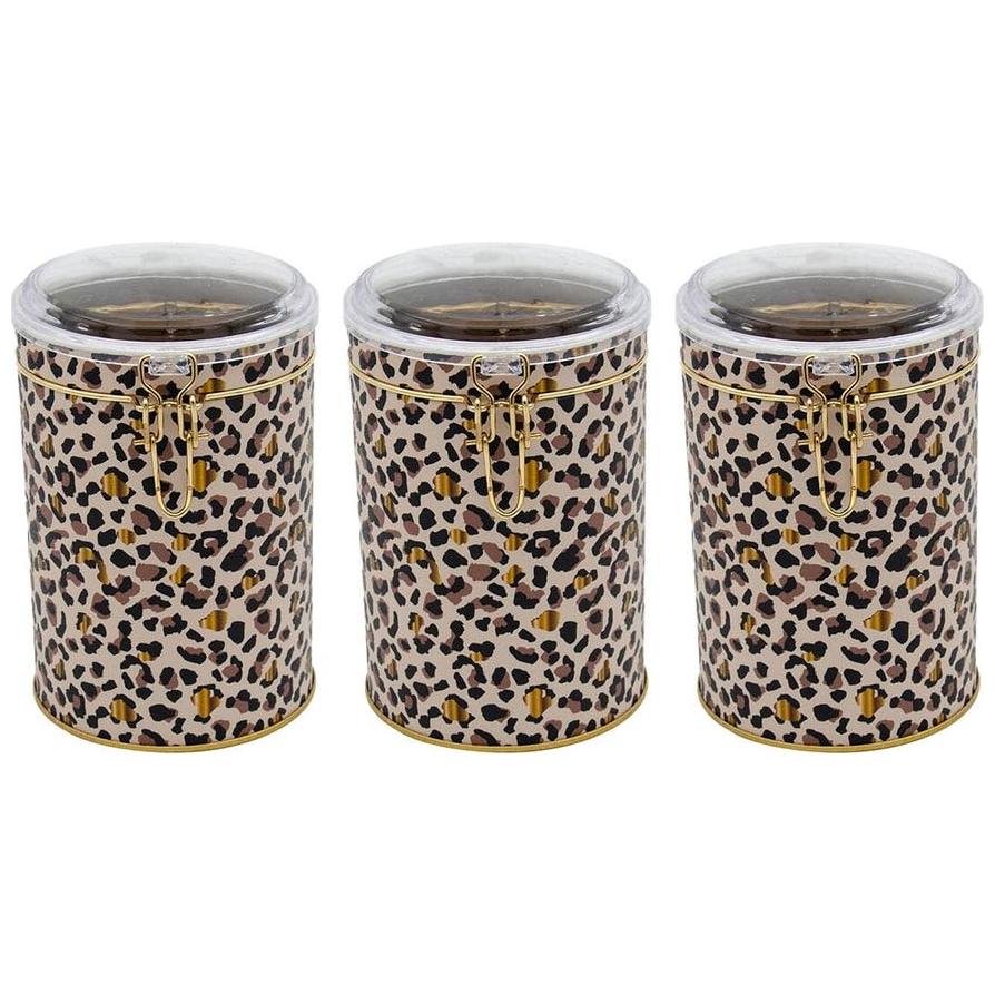  Round  Metal Box  Set ( Set of 3 )   Ø105x150 mm  1.1L Wire Clasp and Transparent Lid Gold Leopard Print Pattern Leo Design