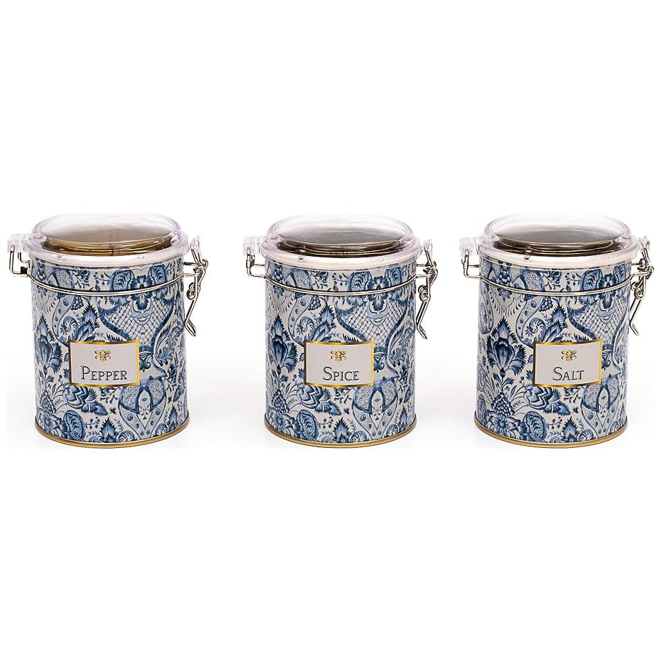  Round  Metal Box  Set ( Set of 3 )   Ø90x100 mm  Wire Clasp and Transparent Lid Azulejo-Inspired Blue &amp; White Decorative Pattern Azulejos Design