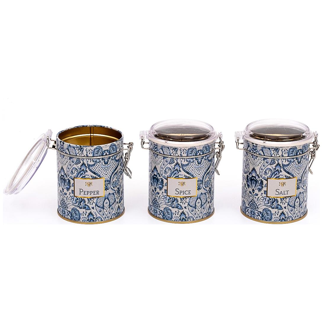 Round Metal Box Set ( Set of 3 ) Ø90x100 mm Wire Clasp and Transparent Lid Azulejo-Inspired Blue & White Decorative Pattern Azulejos Design