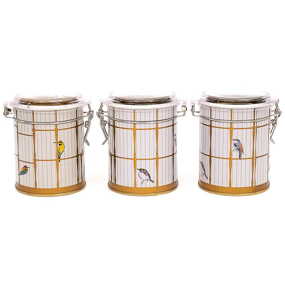  Round  Metal Box  Set ( Set of 3 )   Ø90x100 mm  Wire Clasp and Transparent Lid Vintage Birdcage Illustration with Colorful Birds Bird Cage Design