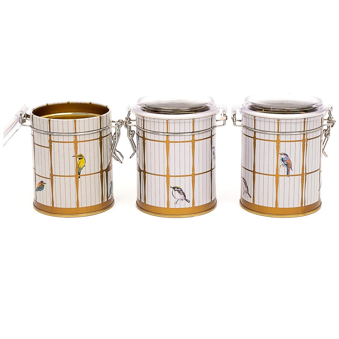  Round  Metal Box  Set ( Set of 3 )   Ø90x100 mm  Wire Clasp and Transparent Lid Vintage Birdcage Illustration with Colorful Birds Bird Cage Design