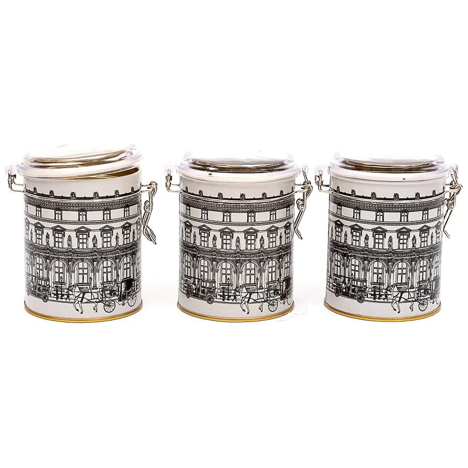 Round Metal Box Set ( Set of 3 ) Ø90x100 mm Wire Clasp and Transparent Lid vintage cityscapes illustration City Design