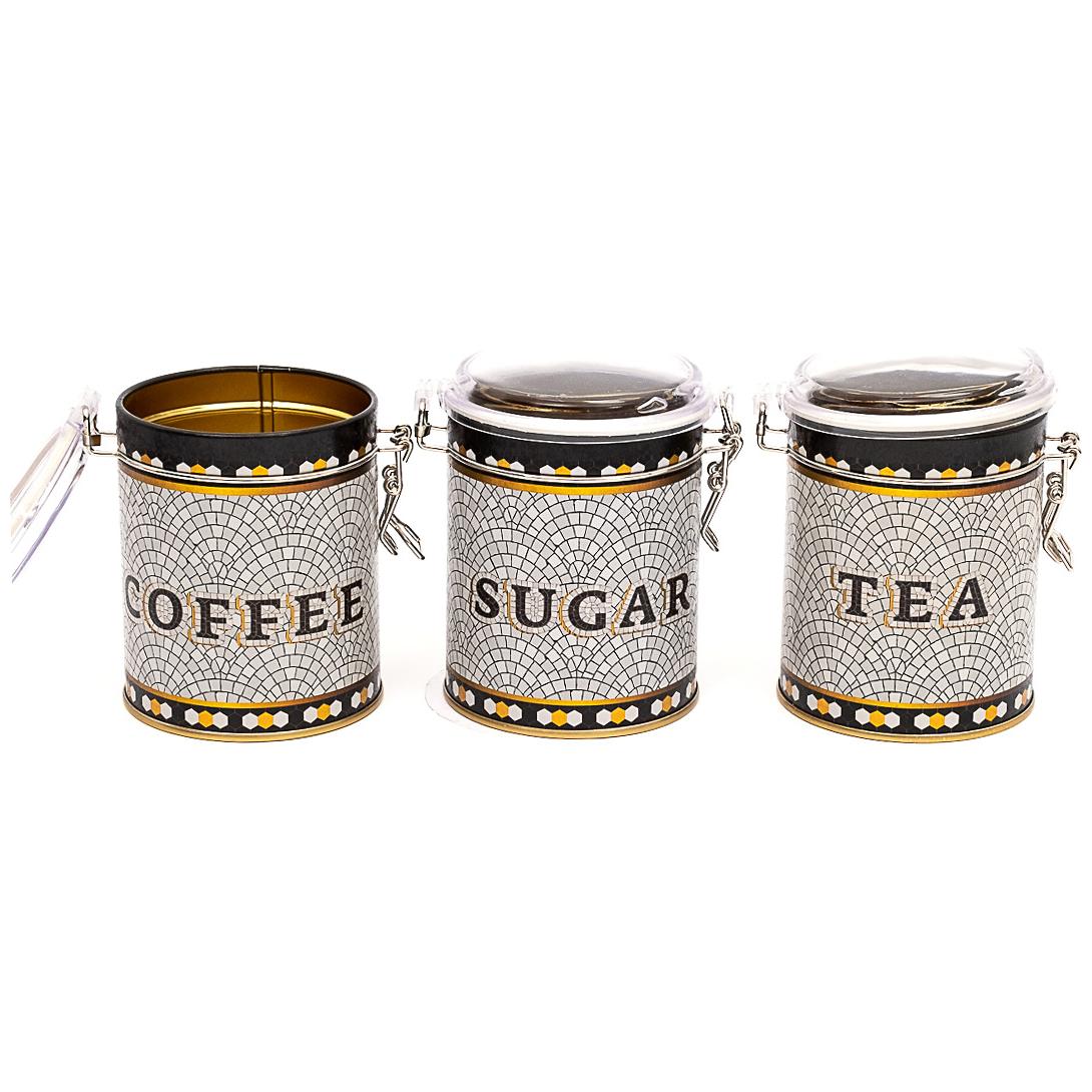 Round Metal Box Set ( Set of 3 ) Ø90x100 mm Wire Clasp and Transparent Lid Geometric Mosaic Pattern Mosaic Design