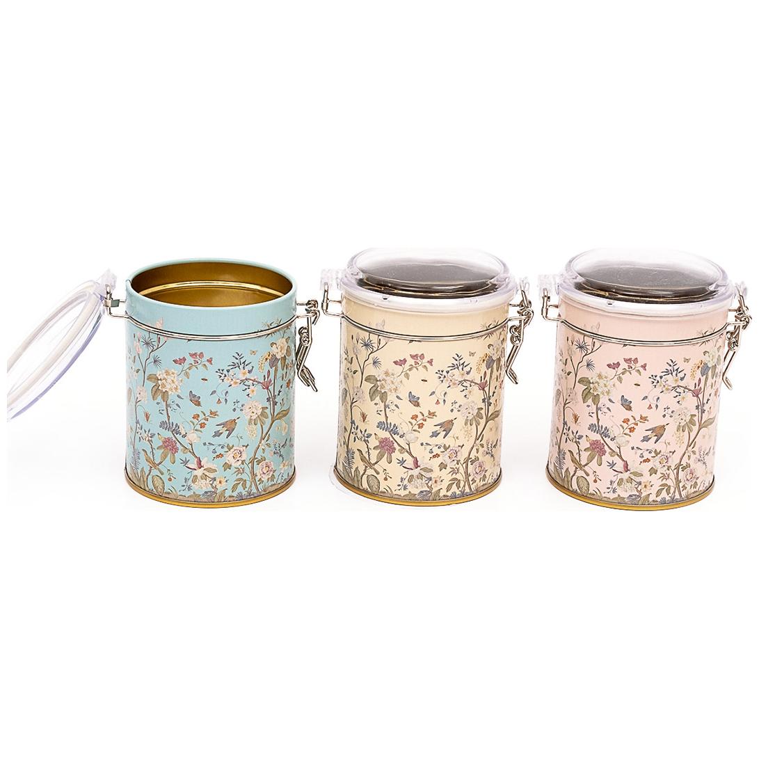 Round Metal Box Set ( Set of 3 ) Ø90x100 mm Wire Clasp and Transparent Lid Floral Design Pastel Blue Botanica Design