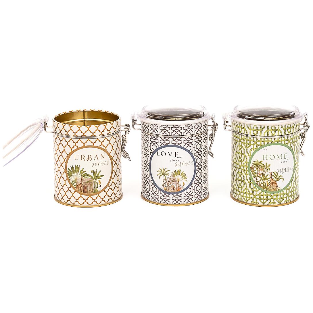 Round Metal Box Set ( Set of 3 ) Ø90x100 mm Wire Clasp and Transparent Lid Tropical Jungle – A Lush Paradise of Nature & Wildlife Forrest Design
