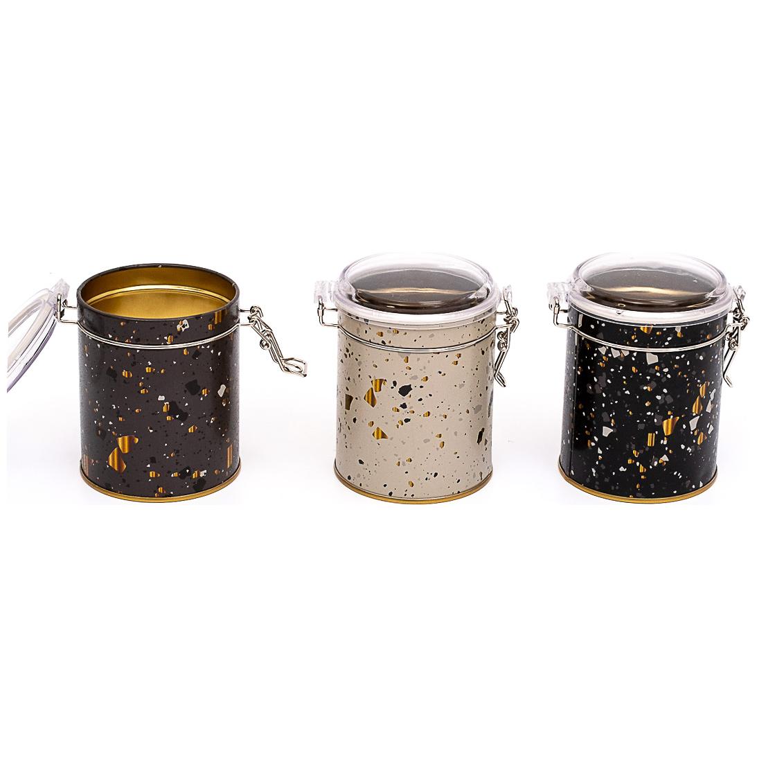  Round  Metal Box  Set ( Set of 3 )   Ø90x100 mm  Wire Clasp and Transparent Lid Terrazo Terrazo Design