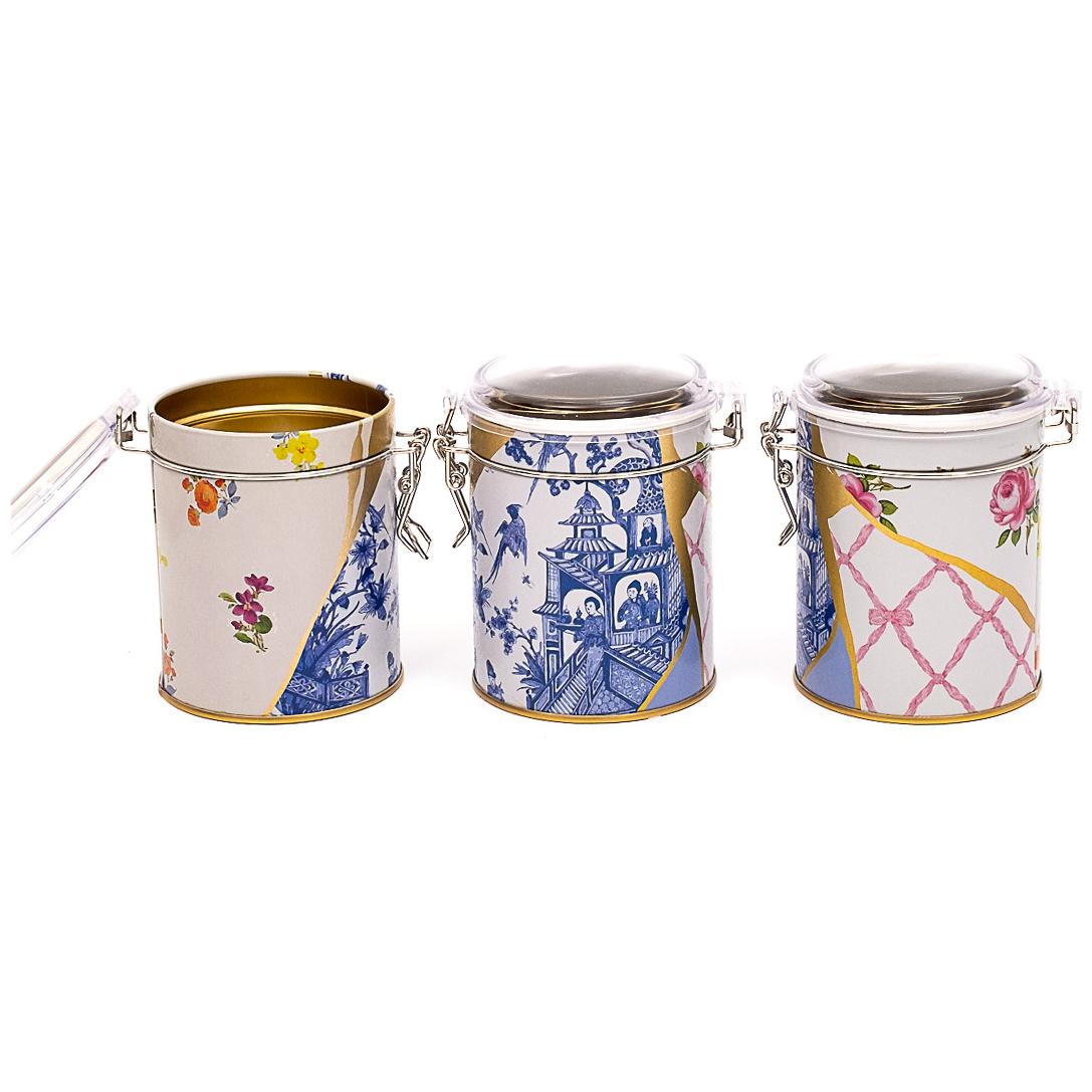  Round  Metal Box  Set ( Set of 3 )   Ø90x100 mm  Wire Clasp and Transparent Lid Kintsugi Gold vein Flower  Kint Sugi Design
