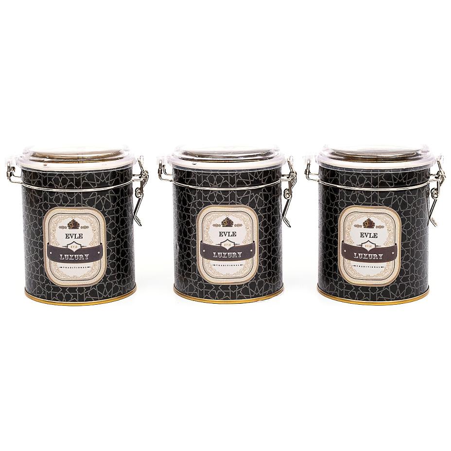  Round  Metal Box  Set ( Set of 3 )   Ø90x100 mm  Wire Clasp and Transparent Lid gold geometric pattern black background Trellis Design