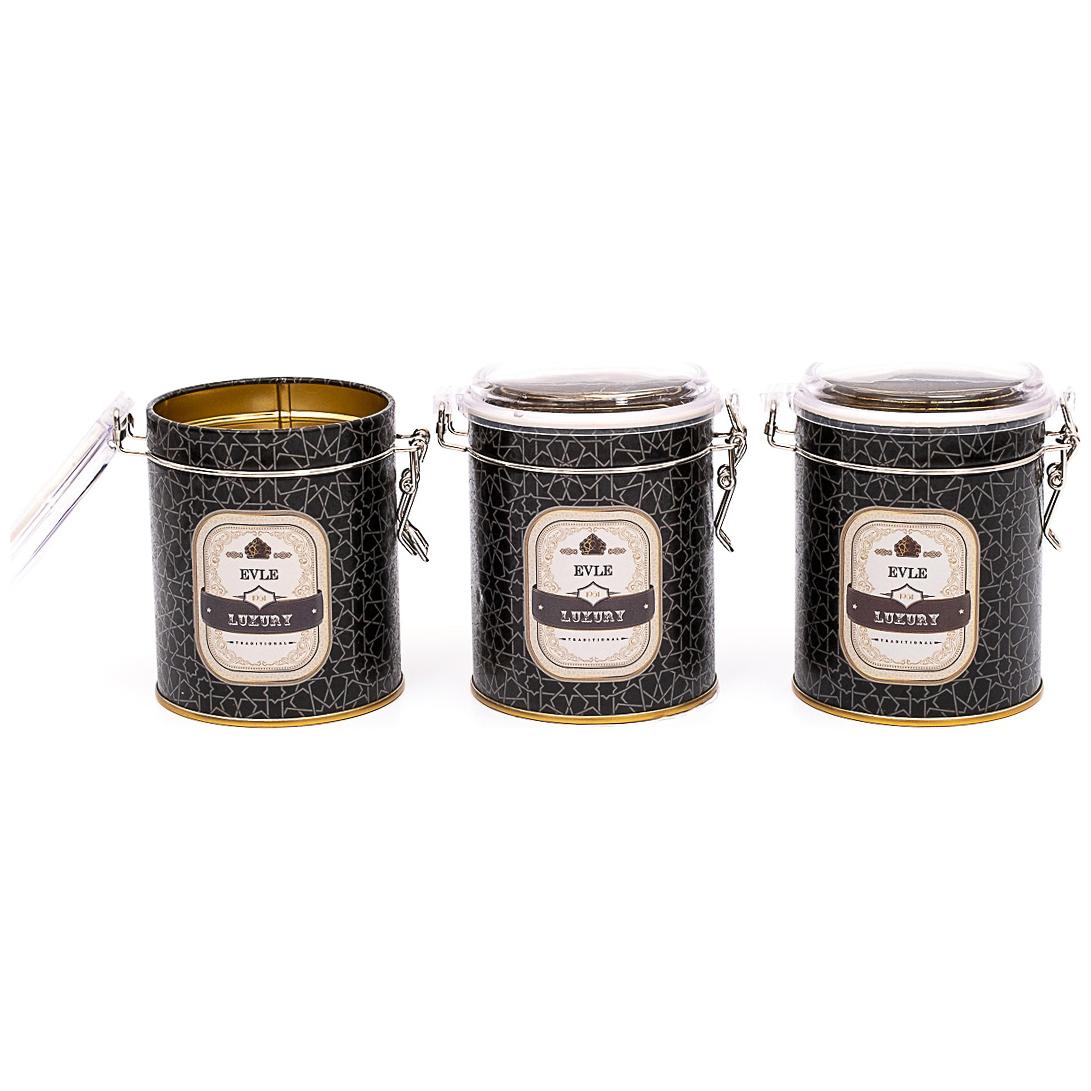  Round  Metal Box  Set ( Set of 3 )   Ø90x100 mm  Wire Clasp and Transparent Lid gold geometric pattern black background Trellis Design
