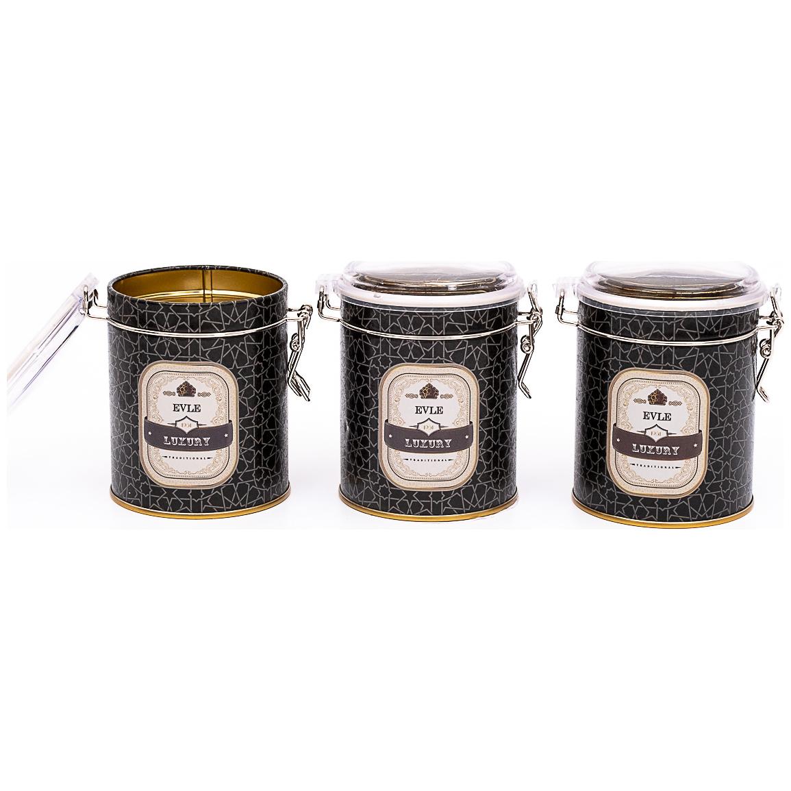  Round  Metal Box  Set ( Set of 3 )   Ø90x100 mm  Wire Clasp and Transparent Lid gold geometric pattern black background Trellis Design
