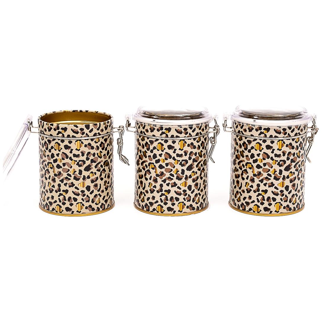 Round  Metal Box  Set ( Set of 3 )   Ø90x100 mm  Wire Clasp and Transparent Lid Gold Leopard Print Pattern Leo Design