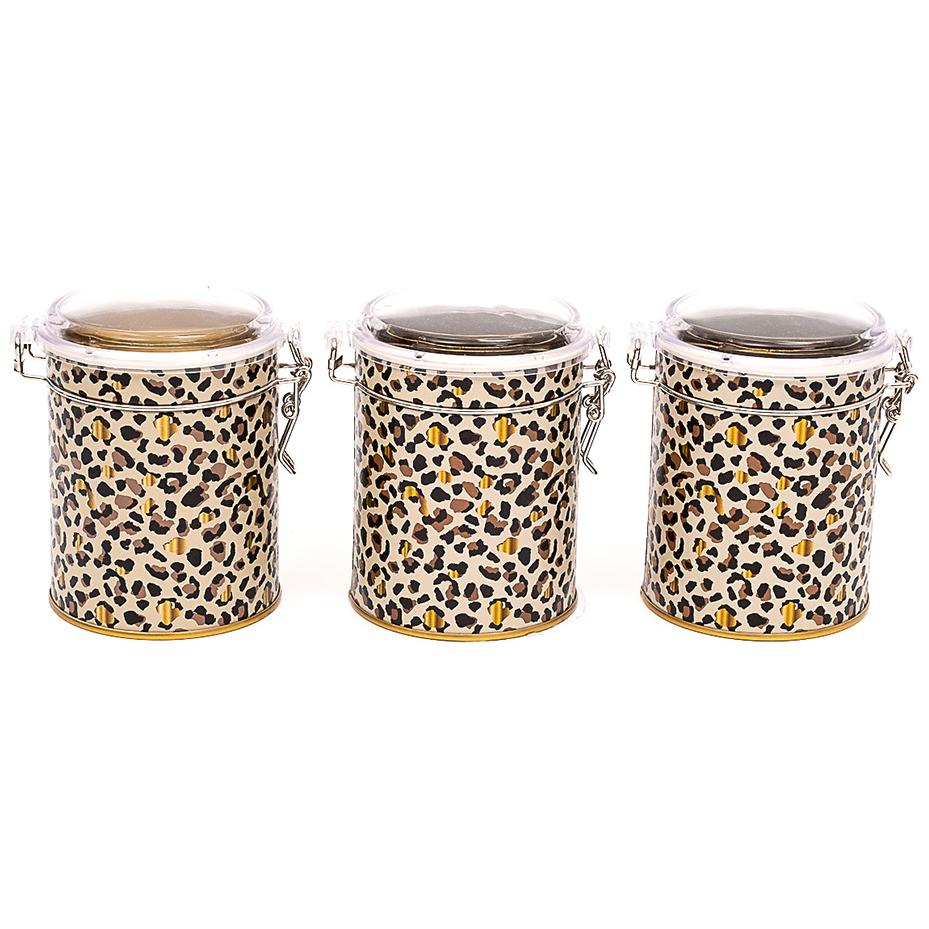 Round Metal Box Set ( Set of 3 ) Ø90x100 mm Wire Clasp and Transparent Lid Gold Leopard Print Pattern Leo Design