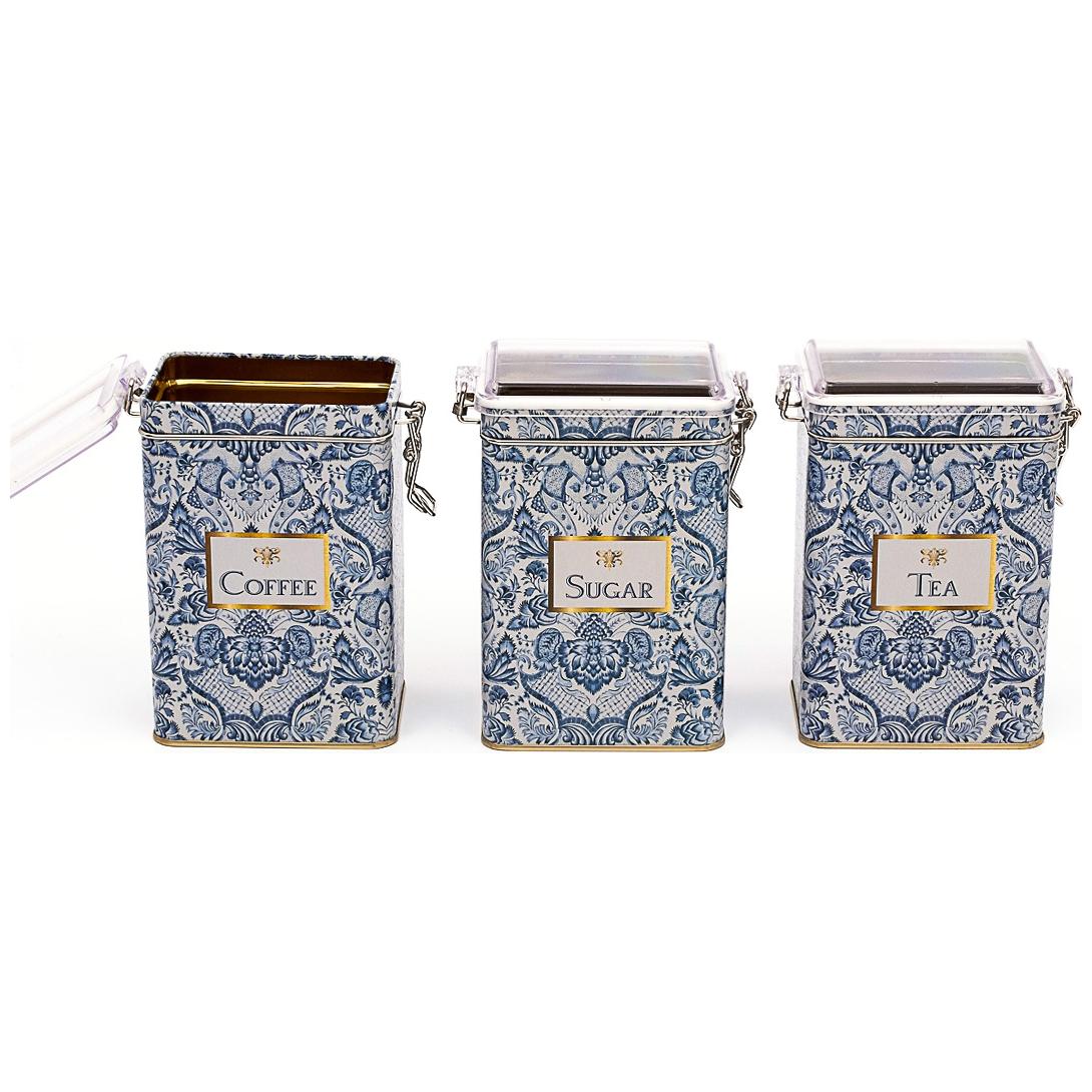 75x100x150 mm Rectangular Metal Box  set (Set of 3 ) Wire Clasp and Transparent Lid Azulejo-Inspired Blue &amp; White Decorative Pattern Azulejos Design